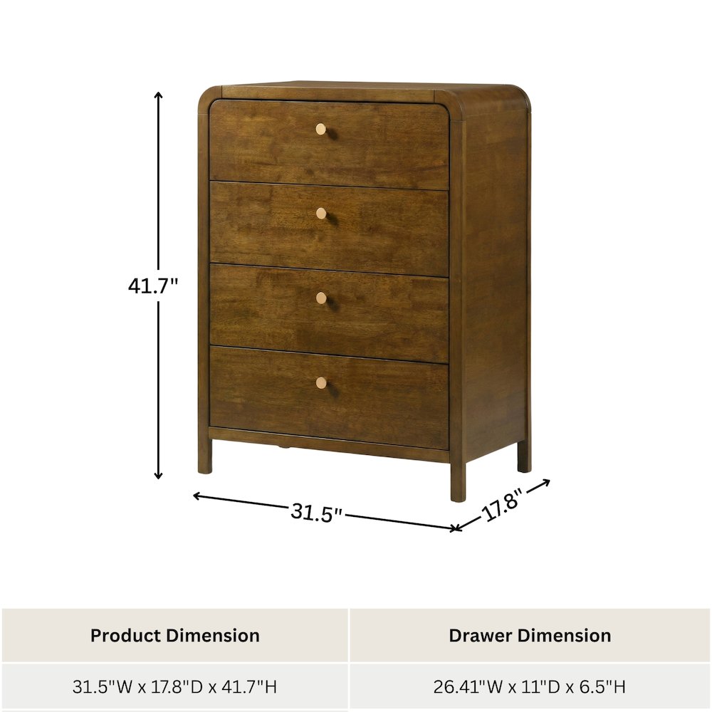 Eldren 4-Drawer Wood Chest with Solid Rubberwood Frame, Walnut Finish. Picture 10
