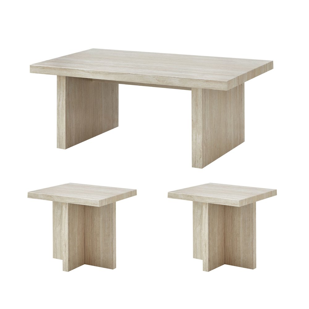 Cavira 3-Piece Faux Marble Coffee Table Set, Table and Two Side Tables, Beige. Picture 1