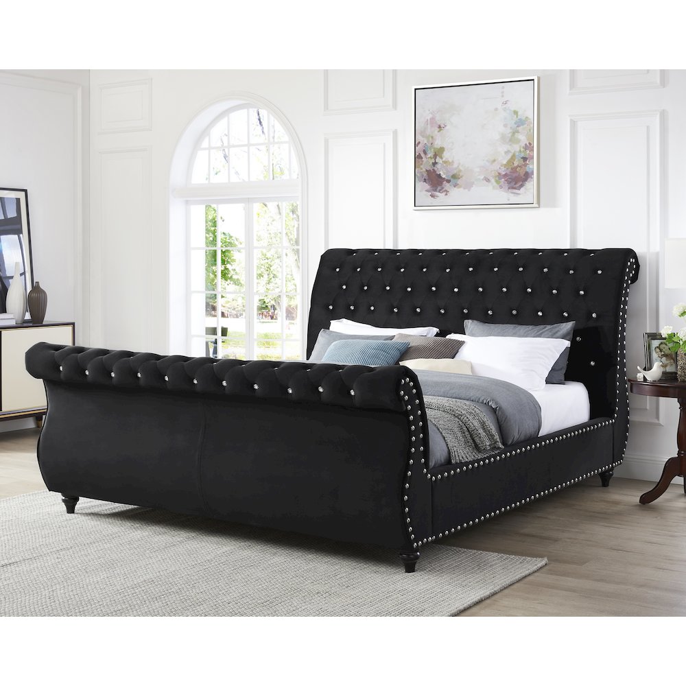 Evora Black Velvet Upholstered Crystal Button Tufted Sleigh Bed, Queen. Picture 2