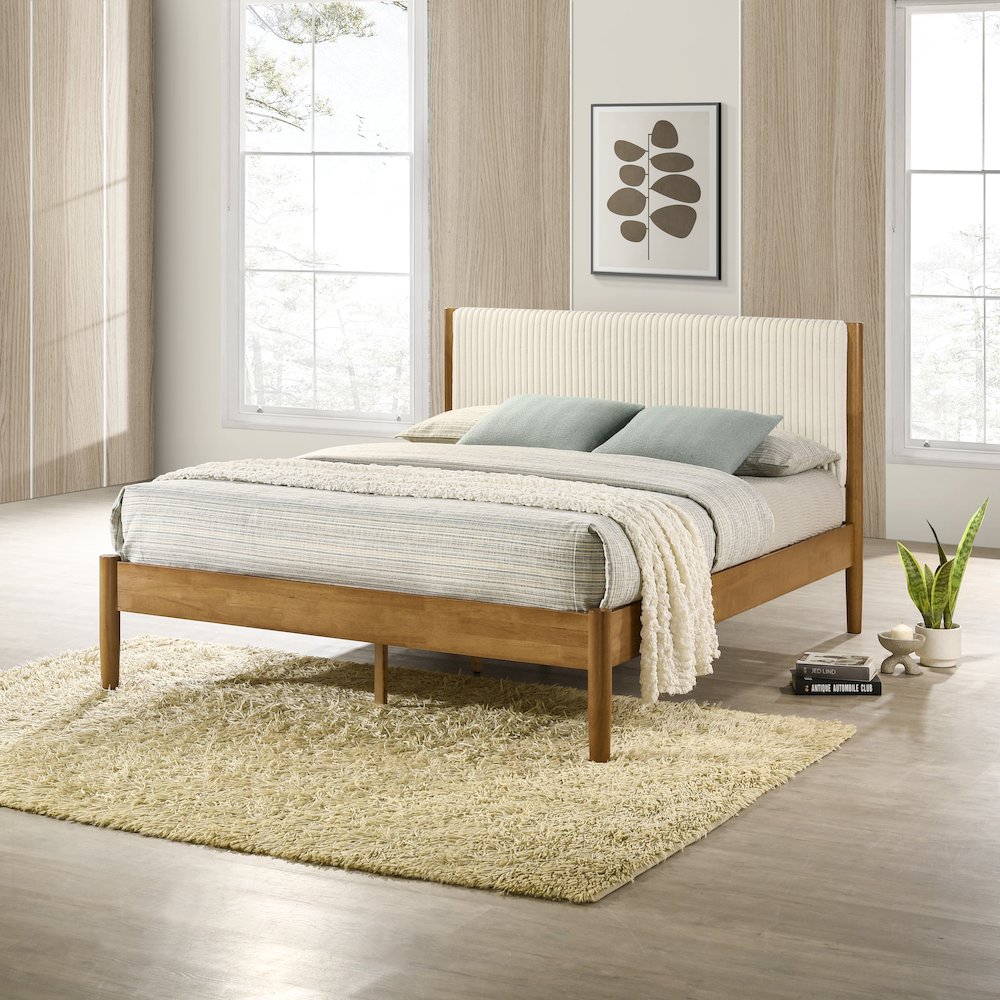 Vichy Rubberwood Bedroom Set with CorduroyUpholstered Queen Bed and 2Nightstands. Picture 7