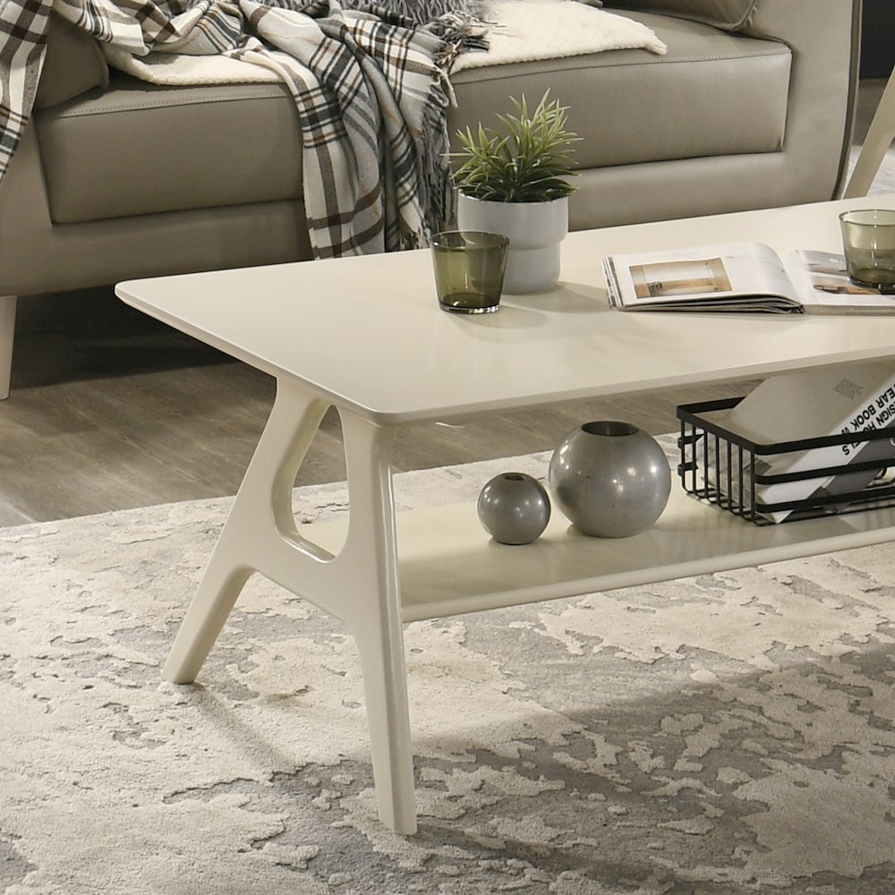 Arona Mid-Century Modern Wood Shelf Coffee Table, Off-White Finish. Picture 6