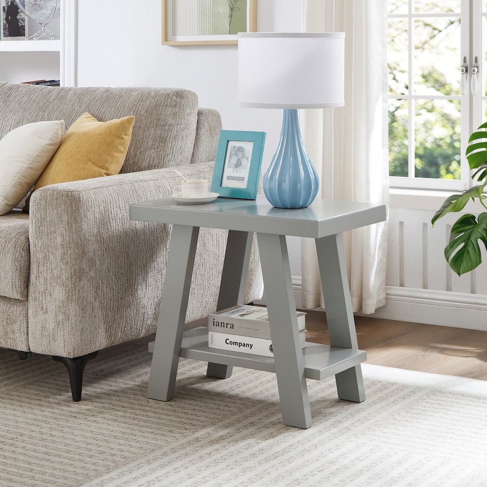 Athens Contemporary Wood Shelf Side Table in Gray. Picture 2