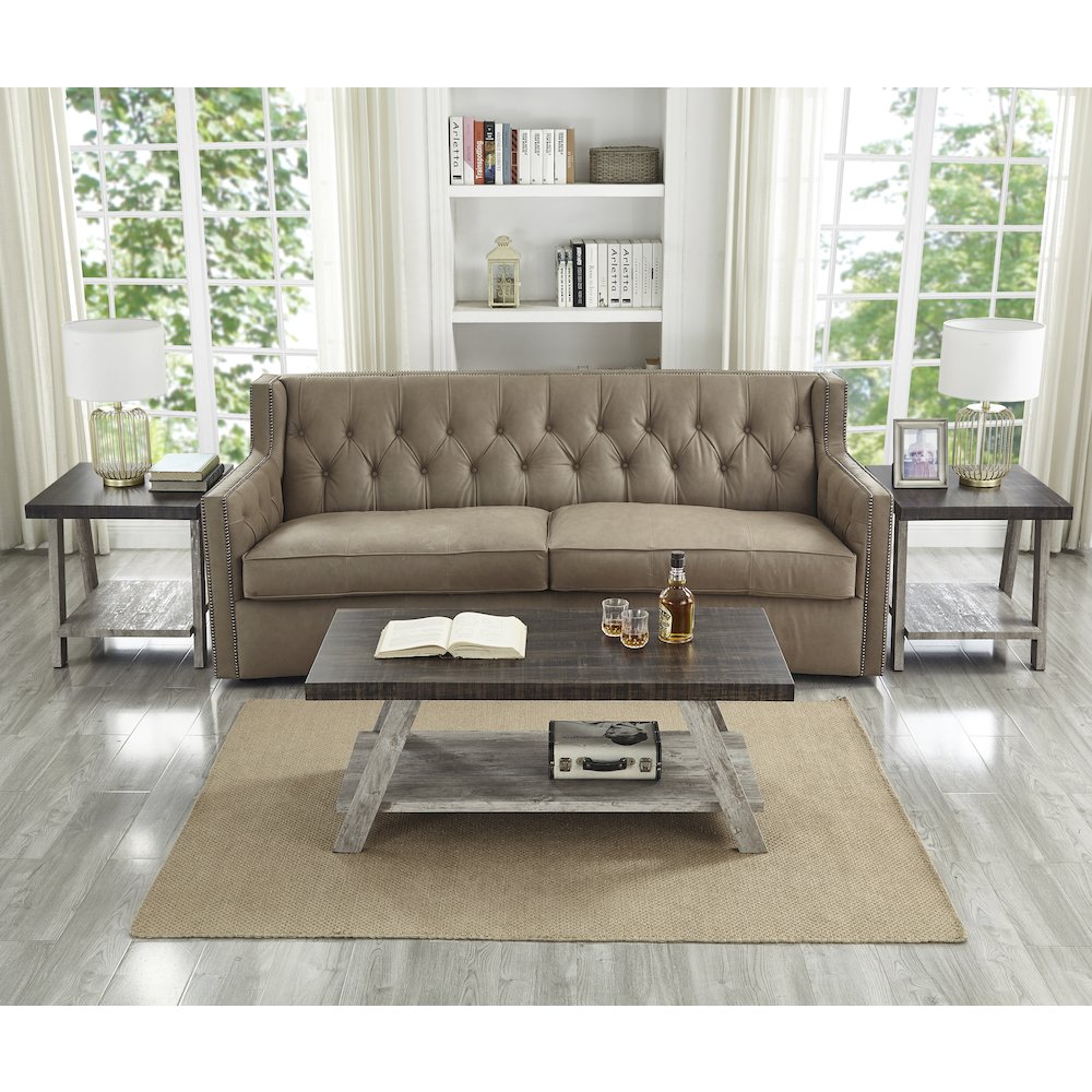 Athens Contemporary 3Pc Wood Shelf Coffee Table Set in Weathered Walnut and Gray. Picture 3
