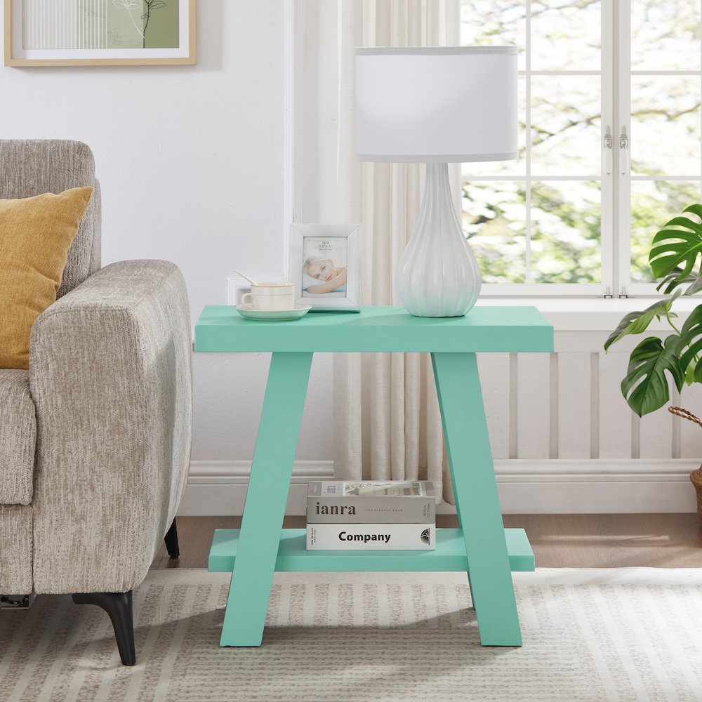 Athens Contemporary Wood Shelf Side Table in Teal. Picture 3