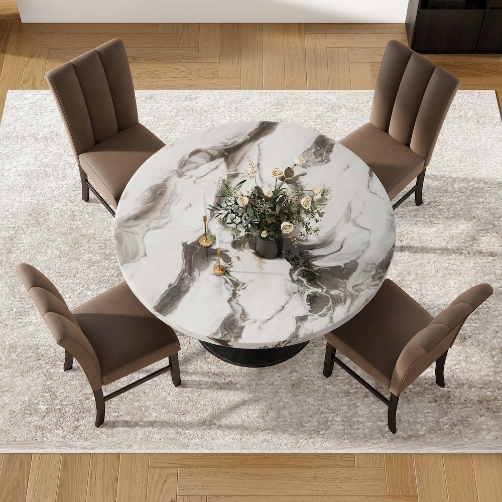 Cavira 5-PC Dining Set, Off-White Faux Marble Table with Four Brown Chairs. Picture 6