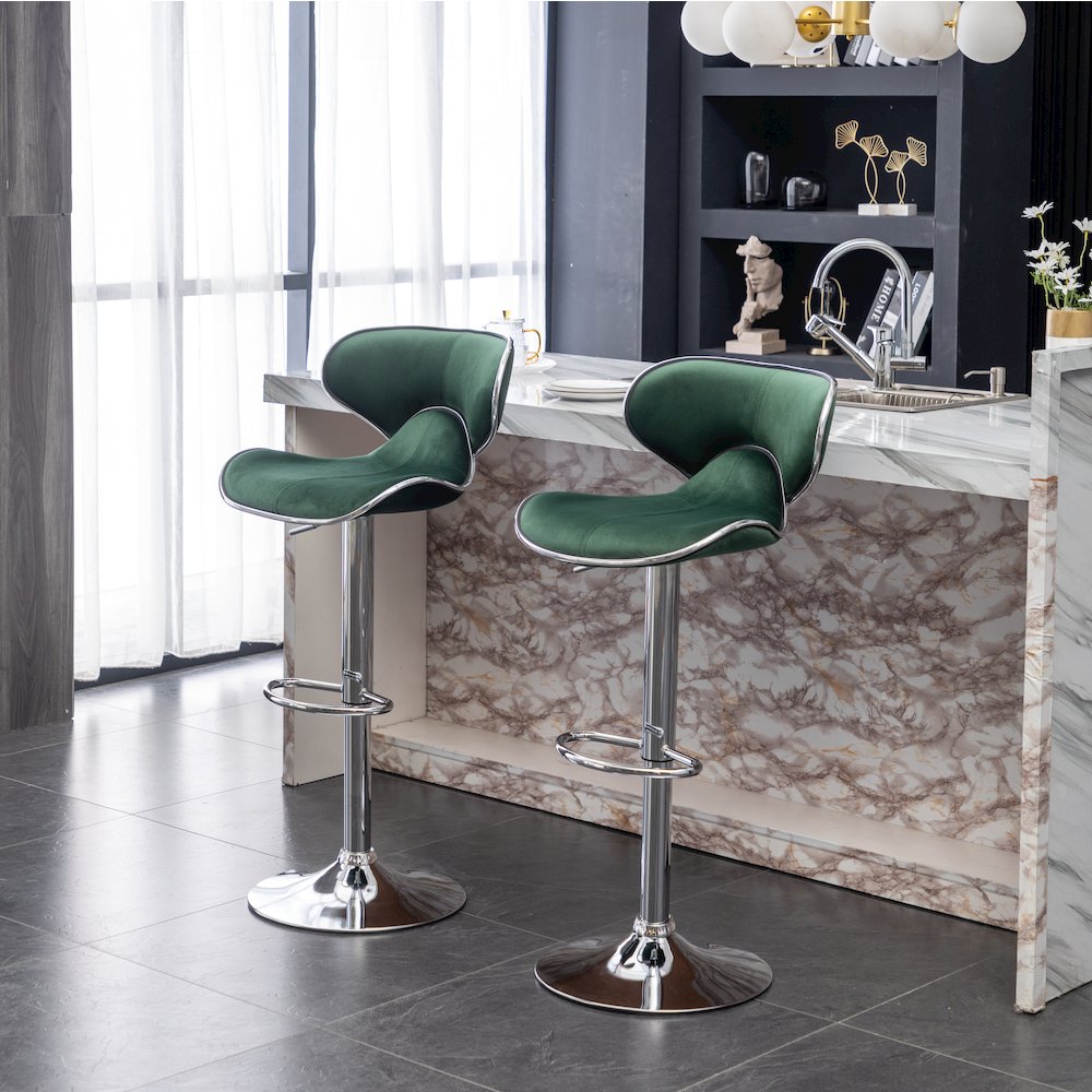 Masaccio Velvet Upholstered Adjustable Swivel Barstool, Set of 2, Green. Picture 7