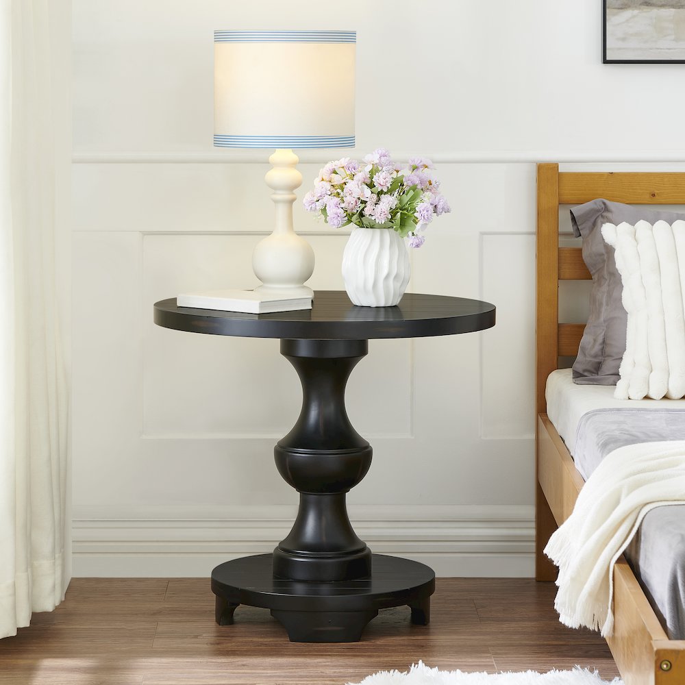 Caesar Traditional Round Pedestal End Table, Black. Picture 3