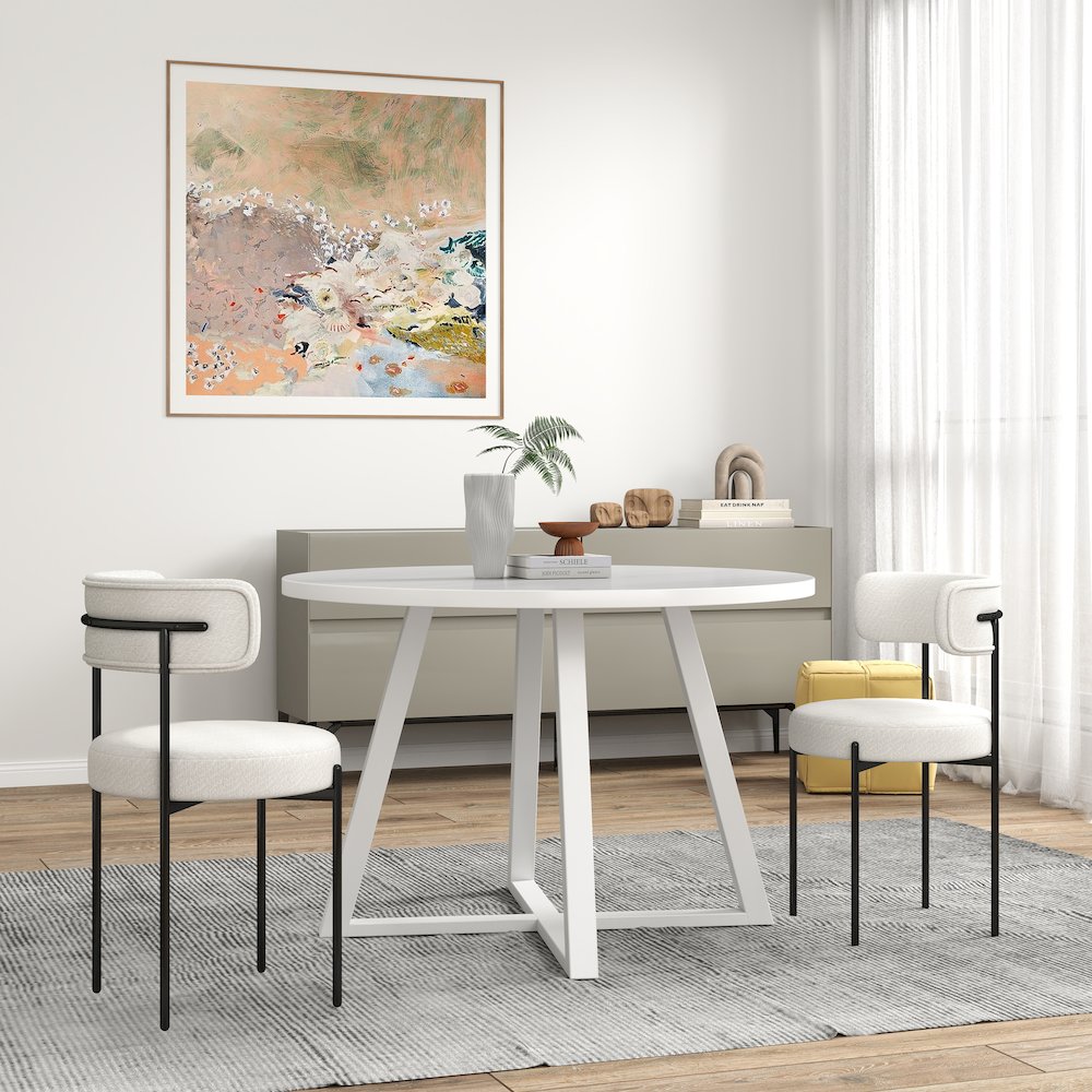 Durban 3-Pc Round Dining Set, Trestle Dining Table with 2 Boucle Chairs. Picture 7
