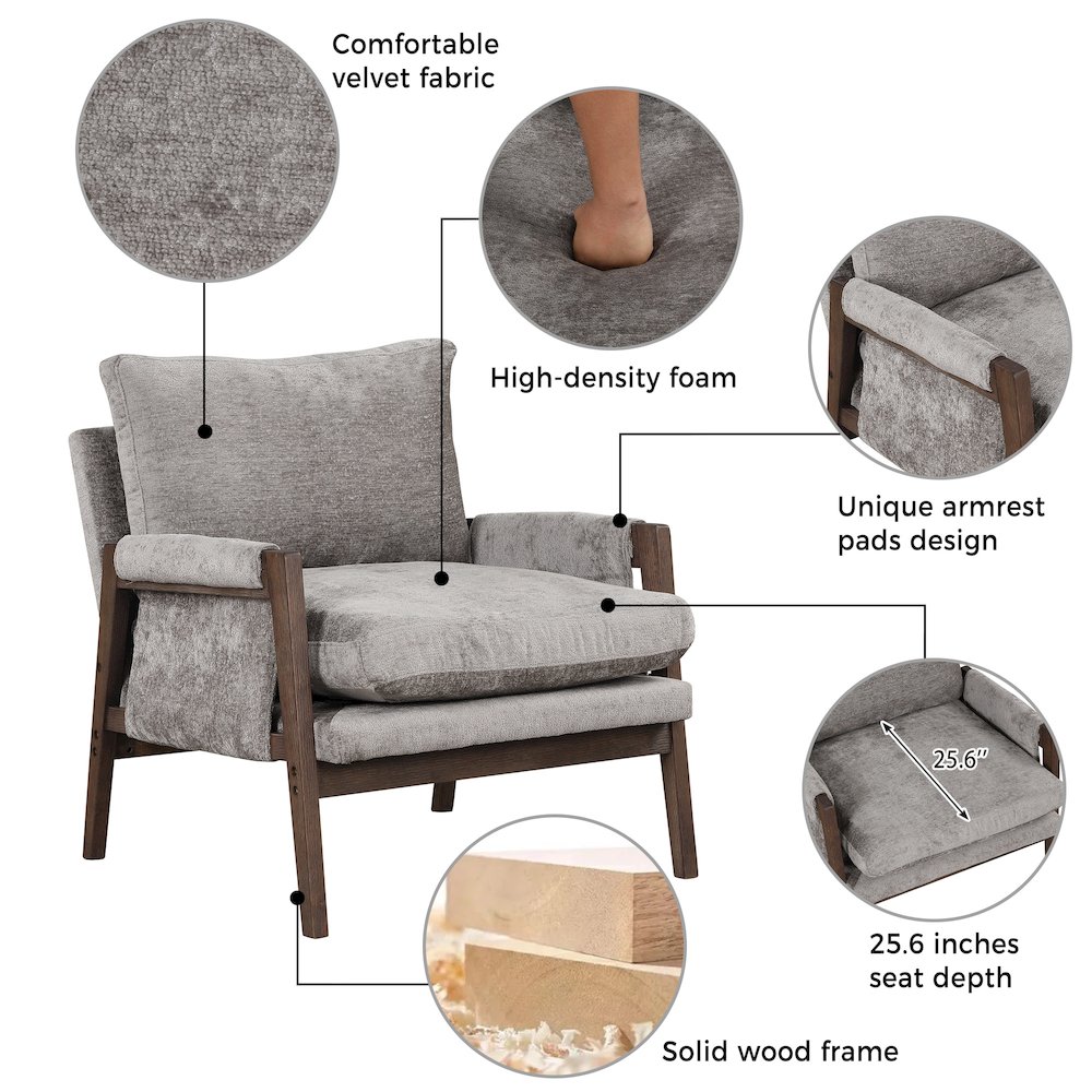 Kelly Mid-Century Modern Velvet Accent Armchair, Gray. Picture 6