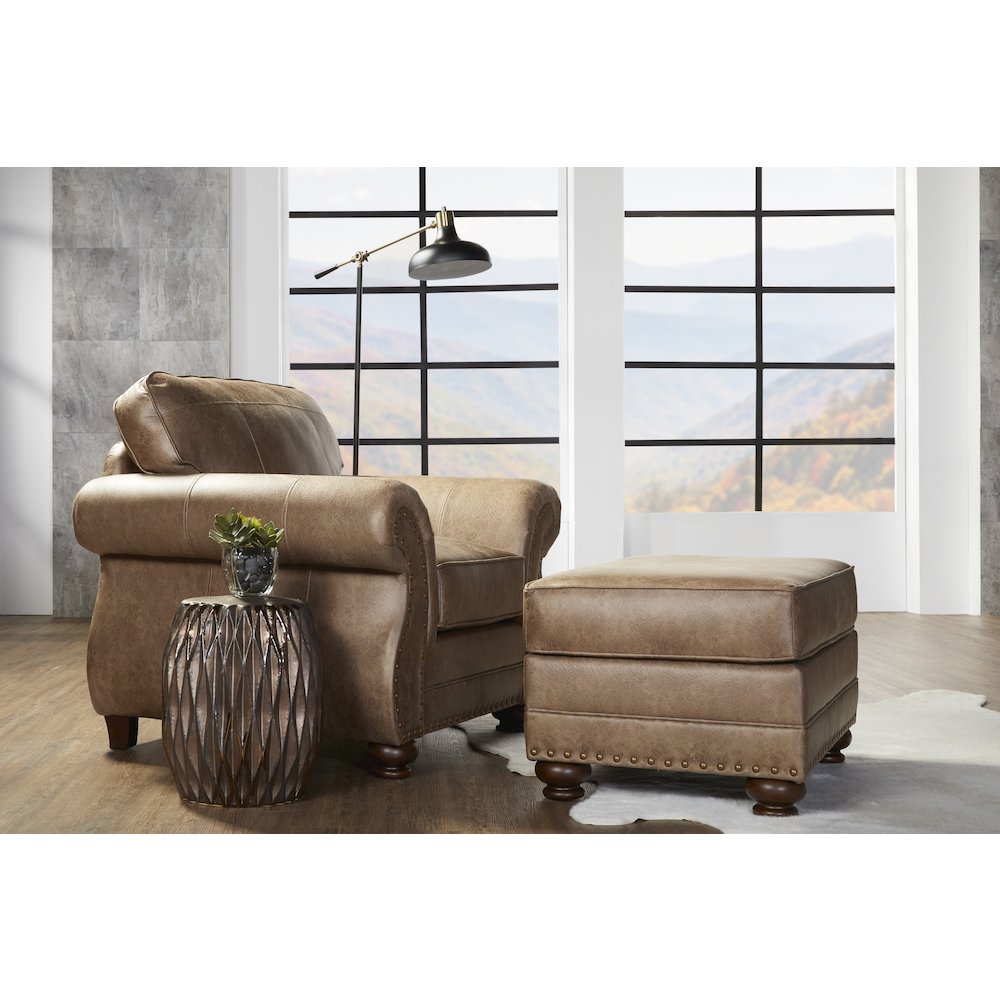 Leinster Faux Leather Ottoman with Antique Bronze Nailheads in Jetson Ginger. Picture 2