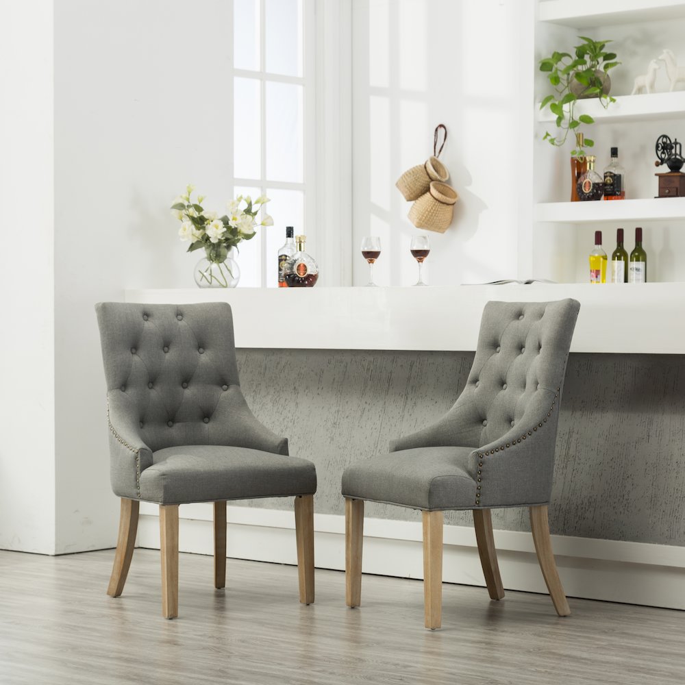 Luna Gray Button Tufted Solid Wood Wingback Chairs with Nail Heads Set of 2. Picture 2