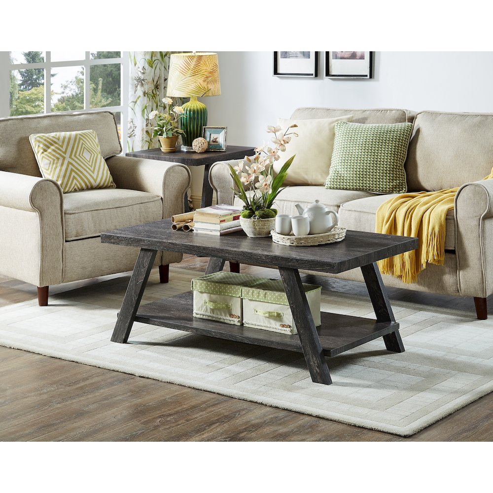 Athens Contemporary Replicated Wood Shelf Coffee Table in Charcoal Finish. Picture 7
