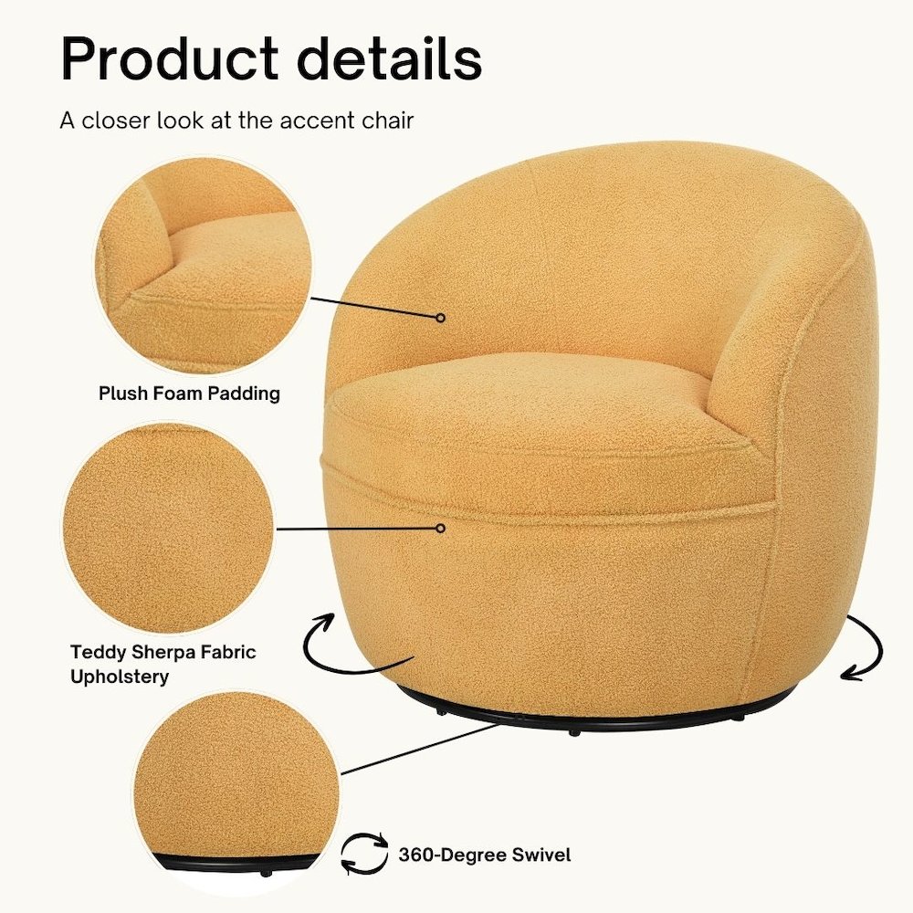 Galleria 360 Swivel Teddy Sherpa Barrel Chair, Yellow. Picture 6
