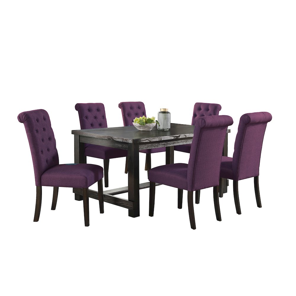 Leviton Antique Black Finished Wood Dining Set, Table with Six Chair, Purple. Picture 1