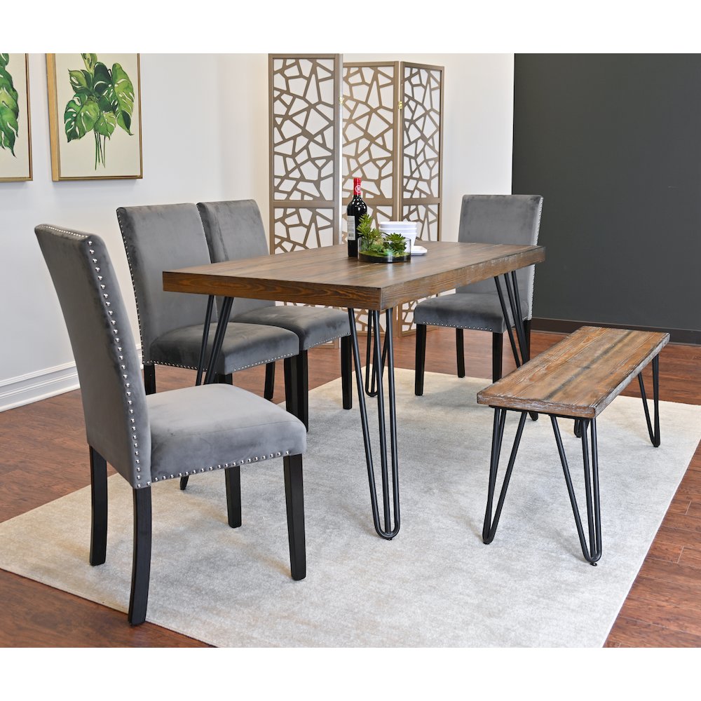 Ashzo 6-Pc Dining Set, Hairpin Dining Table with 4 Chairs and Bench, Gray. Picture 3