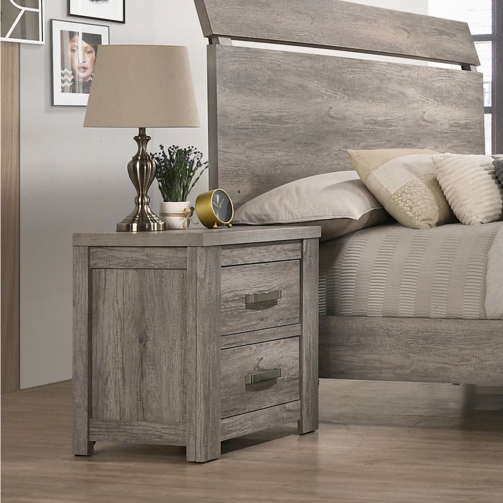 Floren Contemporary Weathered Gray Wood Two-Drawer Nightstand. Picture 3