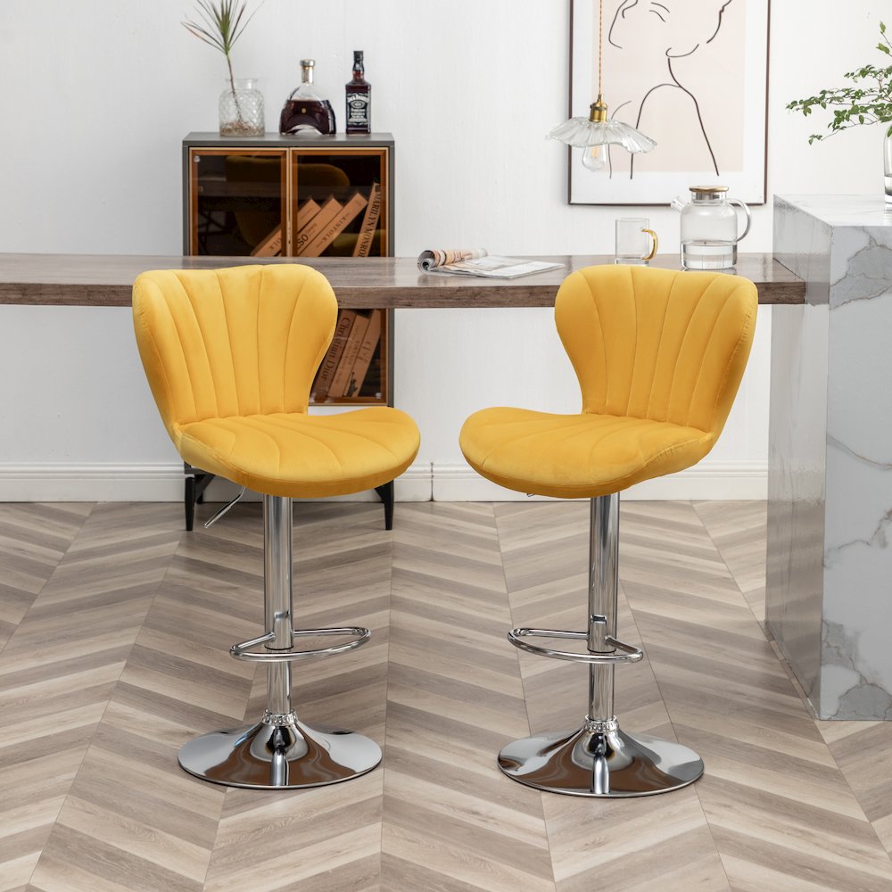 Ellston Upholstered Adjustable Swivel Barstools in Yellow, Set of 2. Picture 7