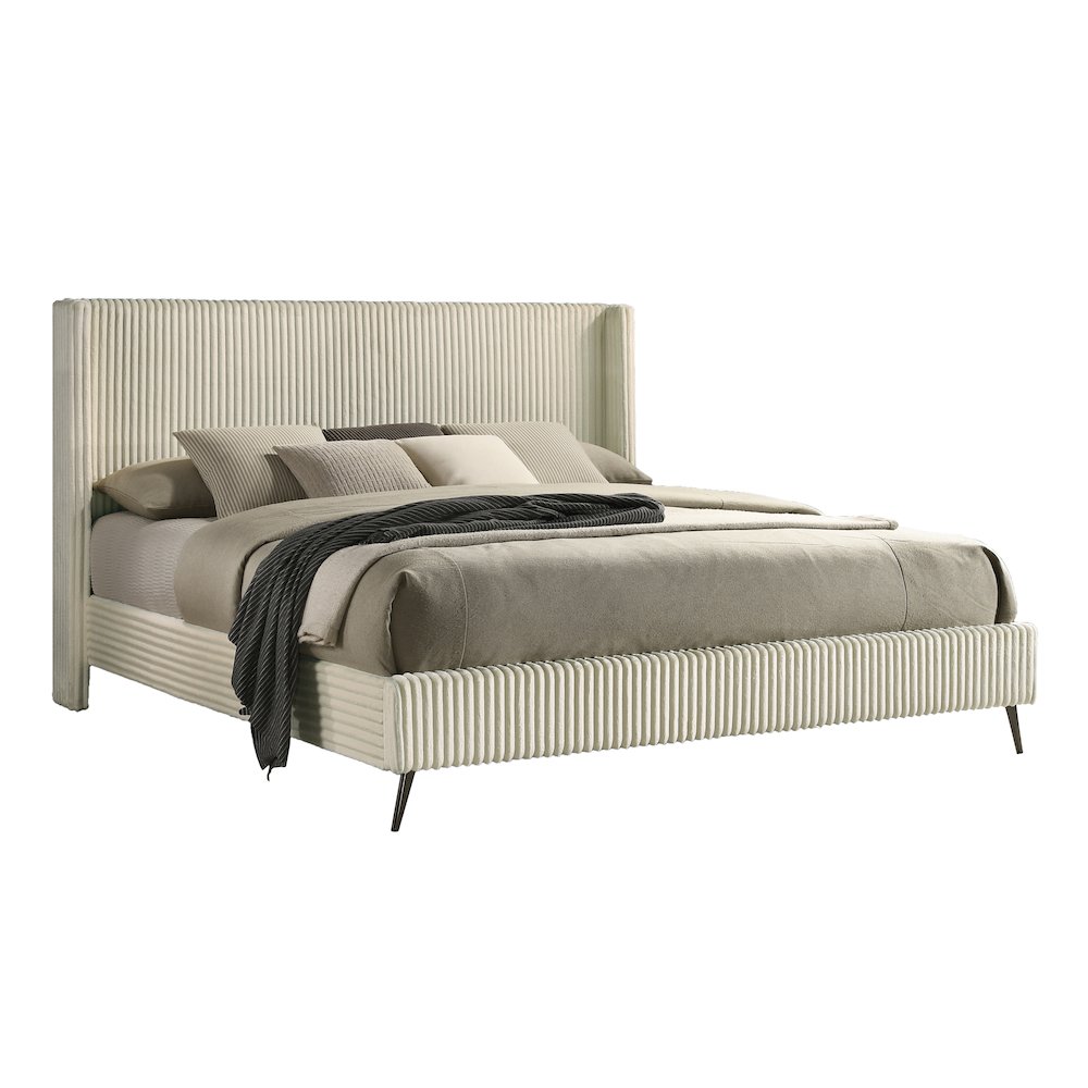 Mavela Wide Wale Corduroy Upholstery Panel King Bed, Cream. Picture 1