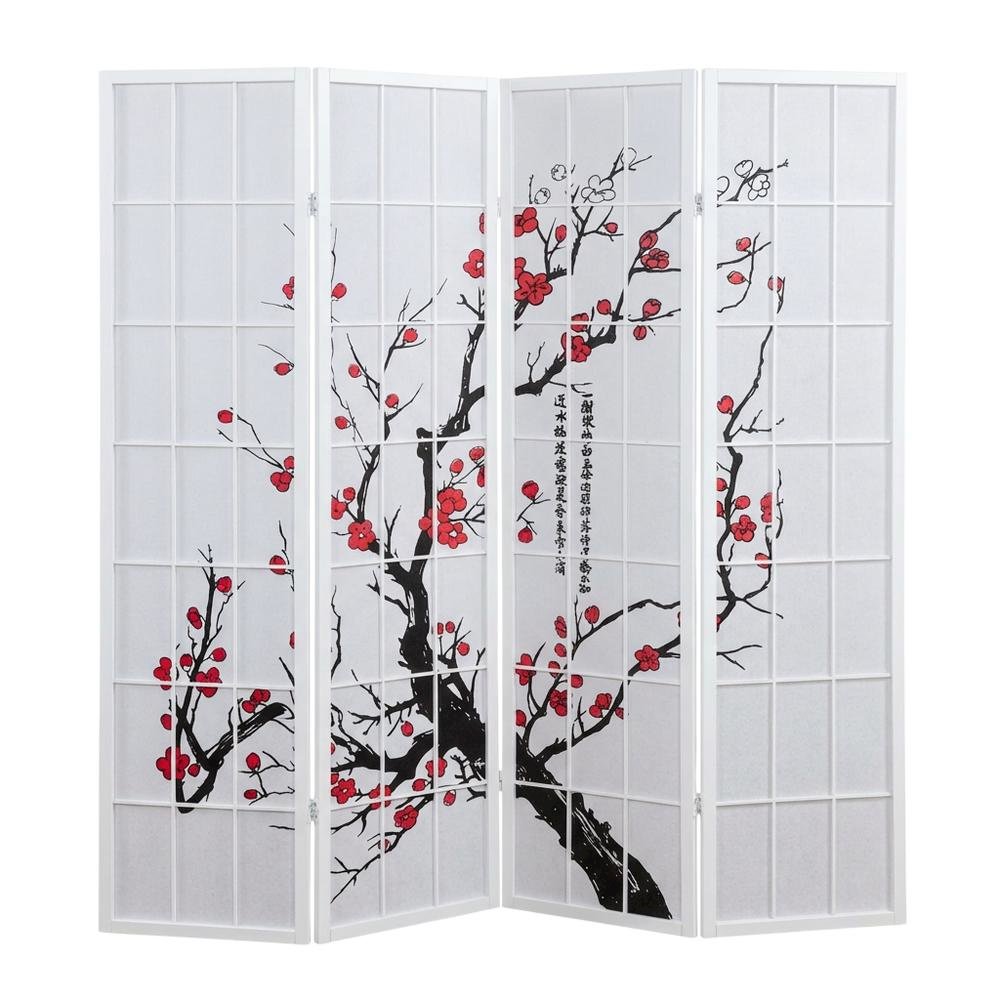 White 4-Panel Wood Folding Room Divider, Floral Print Fabric, 70 Inch. Picture 4