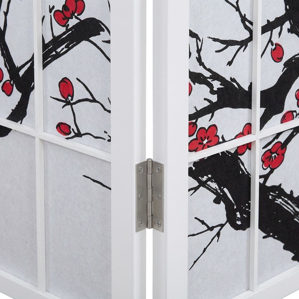 White 4-Panel Wood Folding Room Divider, Floral Print Fabric, 70 Inch. Picture 5