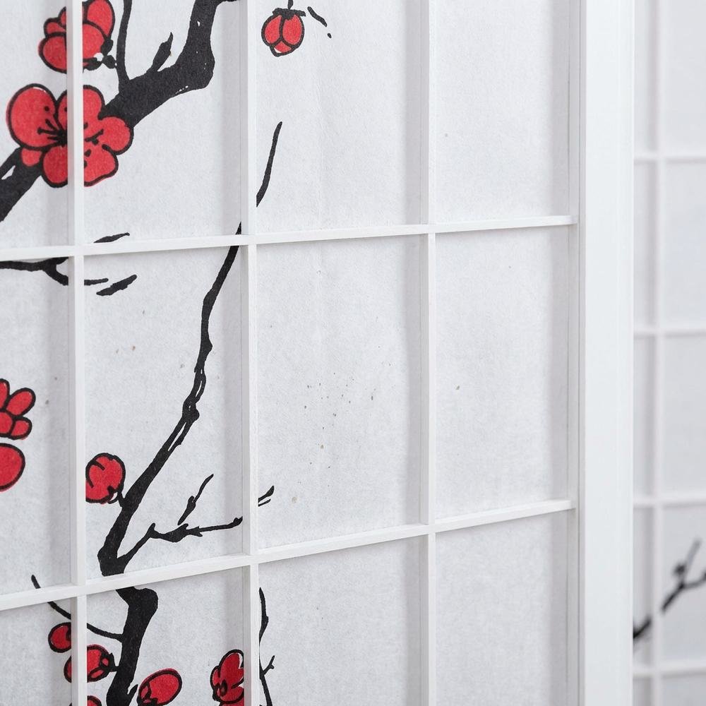 White 4-Panel Wood Folding Room Divider, Floral Print Fabric, 70 Inch. Picture 6