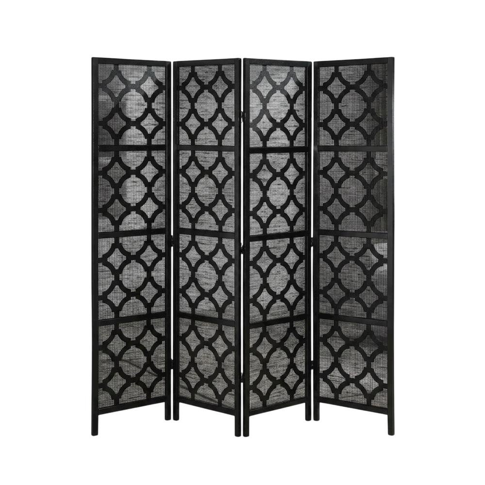 Black 4-Panel Wood Folding Room Divider, Fabric, Transitional, 70 Inch. Picture 1