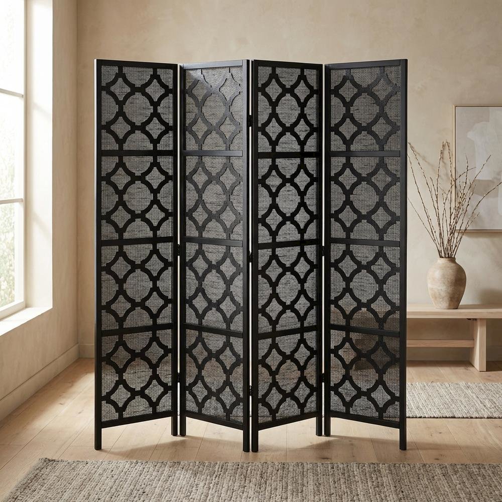 Black 4-Panel Wood Folding Room Divider, Fabric, Transitional, 70 Inch. Picture 2