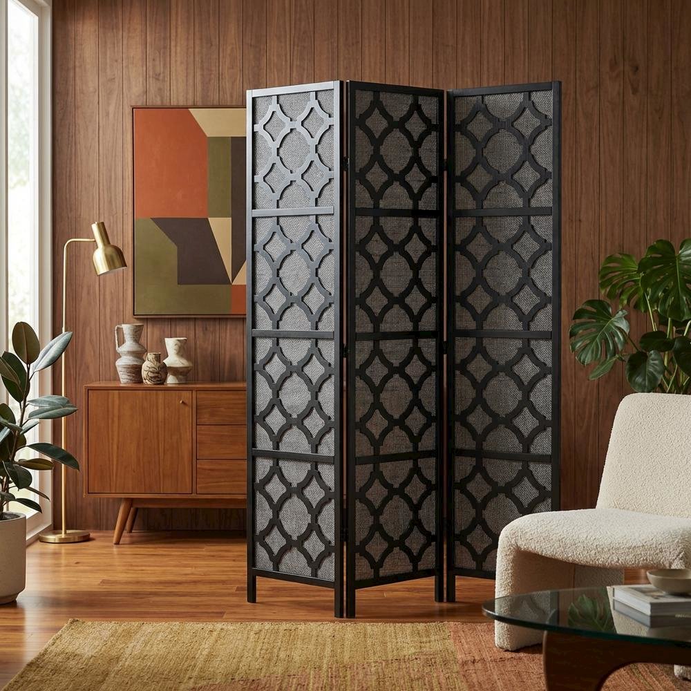 Black 4-Panel Wood Folding Room Divider, Fabric, Transitional, 70 Inch. Picture 3