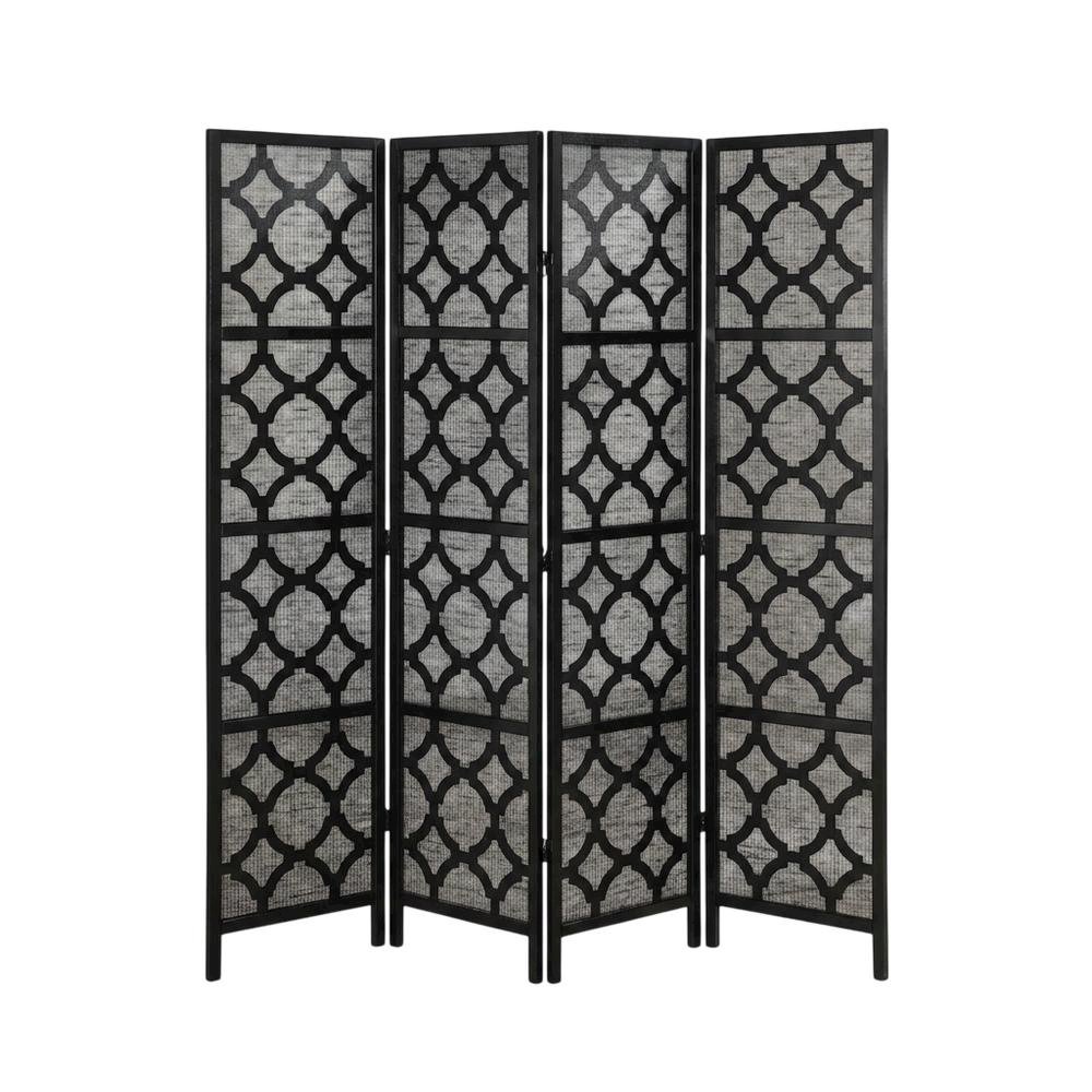 Black 4-Panel Wood Folding Room Divider, Fabric, Transitional, 70 Inch. Picture 4