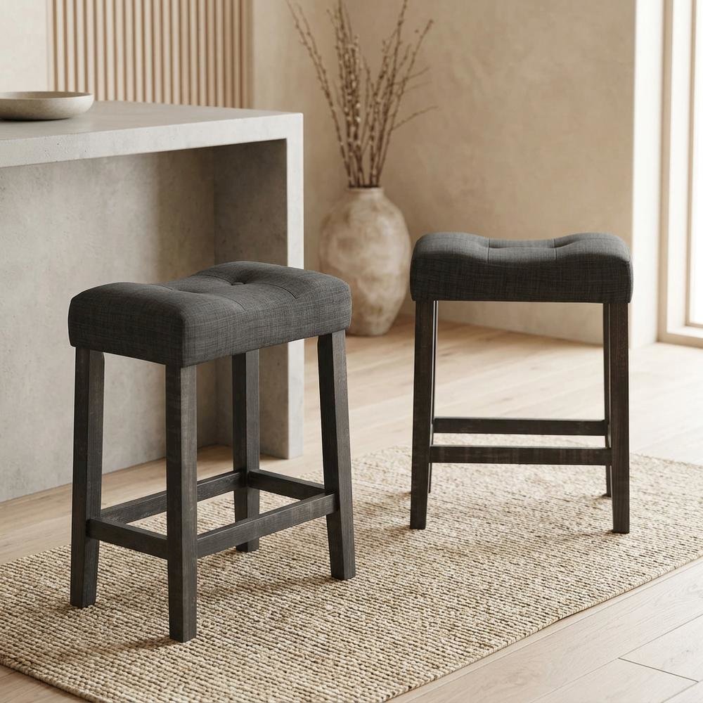 Gray Button Tufted Counter Height Saddle Stools - Set of 2. Picture 2