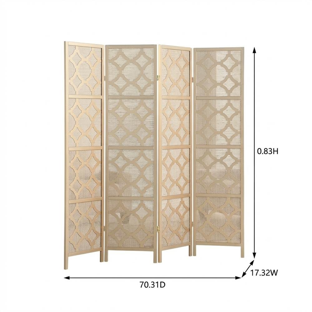 Gold 4-Panel Wood Folding Room Divider, Fabric Diamond Design, 70 Inch. Picture 7