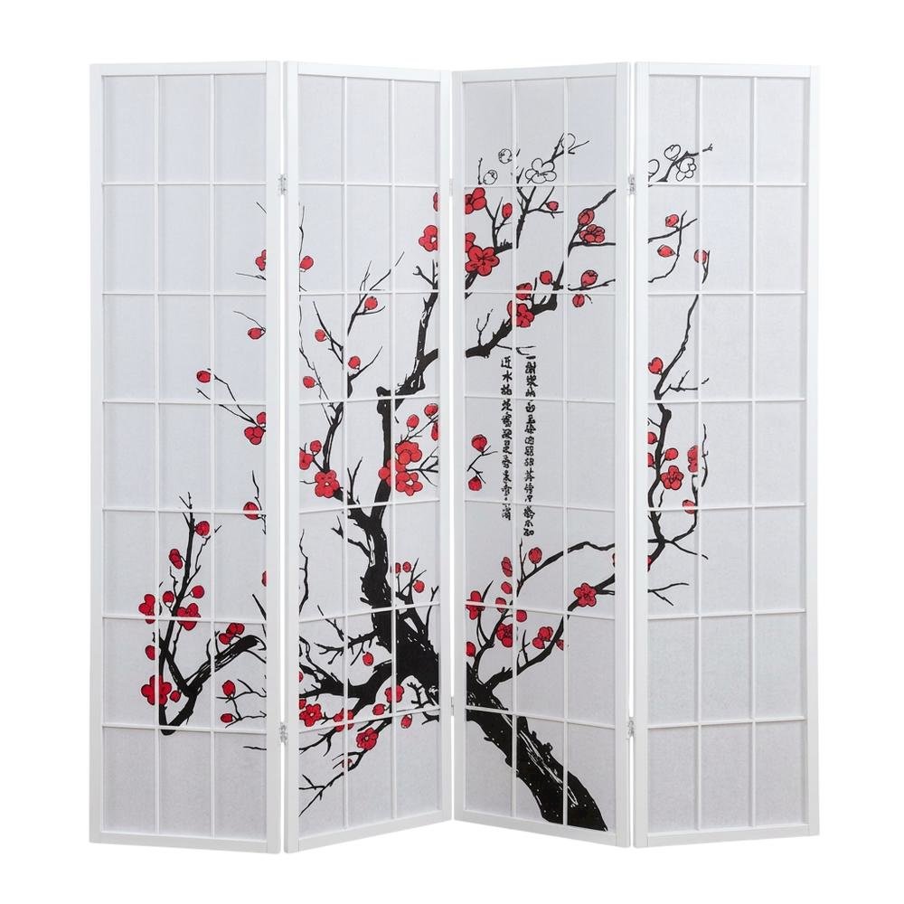 White 4-Panel Wood Folding Room Divider, Floral Print Fabric, 70 Inch. Picture 1