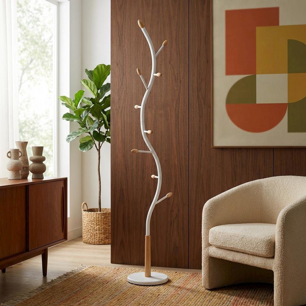 White Metal Oak Standing Coat Rack, Free Standing Hooks, Modern Design. Picture 3