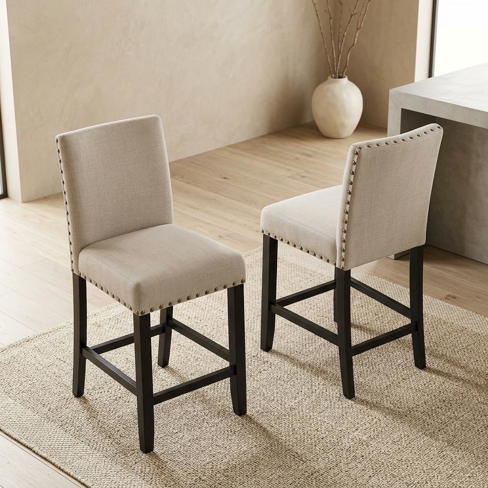 Tan fabric counter height stools with nailhead trim, set of 2. Picture 2