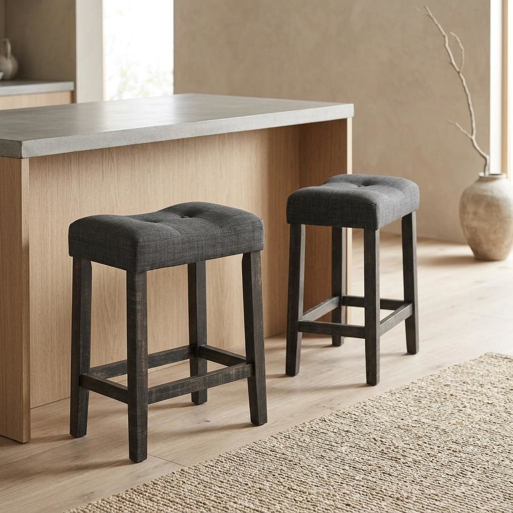 Gray Button Tufted Counter Height Saddle Stools - Set of 2. Picture 5