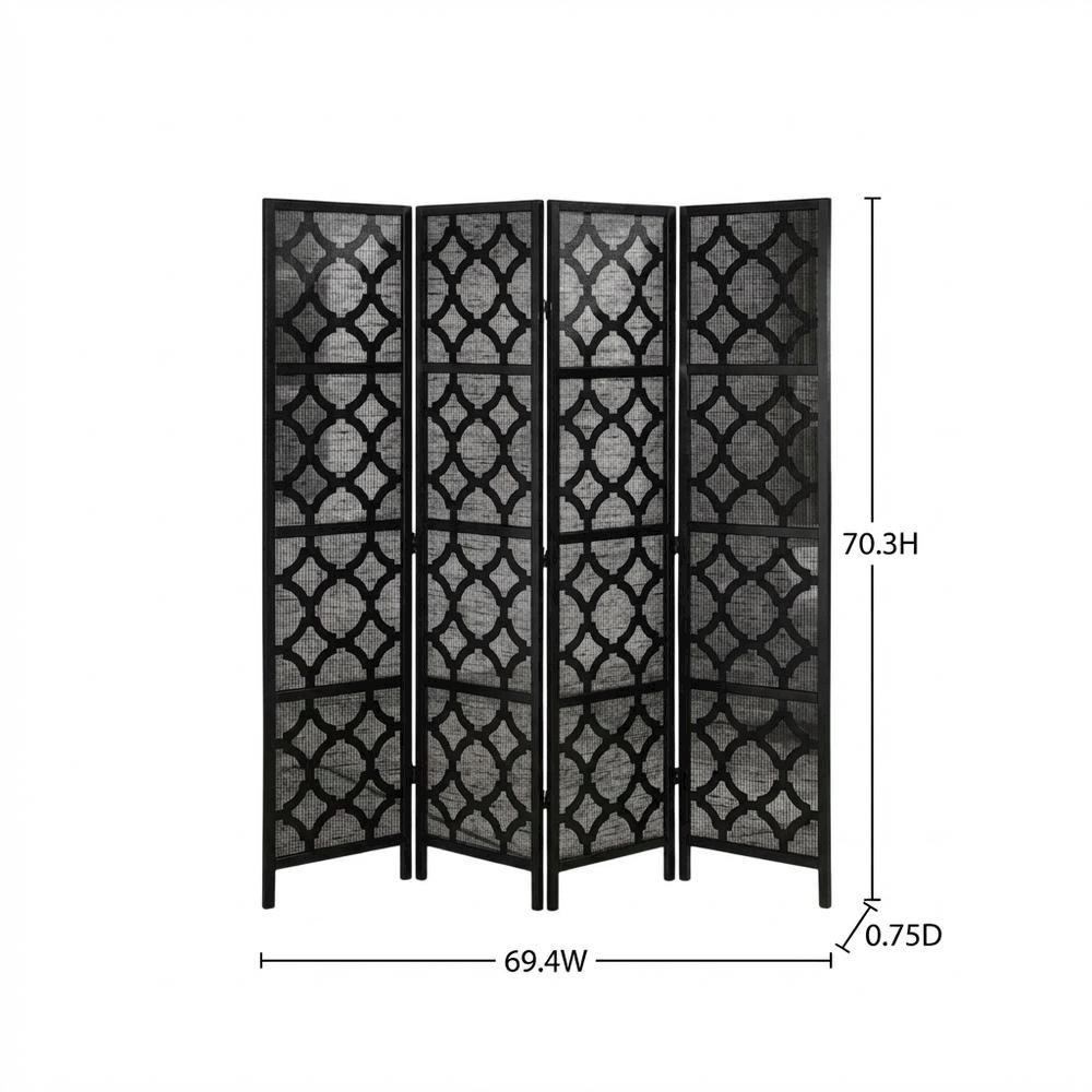 Black 4-Panel Wood Folding Room Divider, Fabric, Transitional, 70 Inch. Picture 7