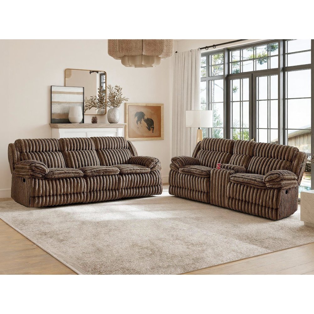 Ardello 2PC Reclining Sofa Set, Corduroy, Built-In Power Center, Storage Console. Picture 4