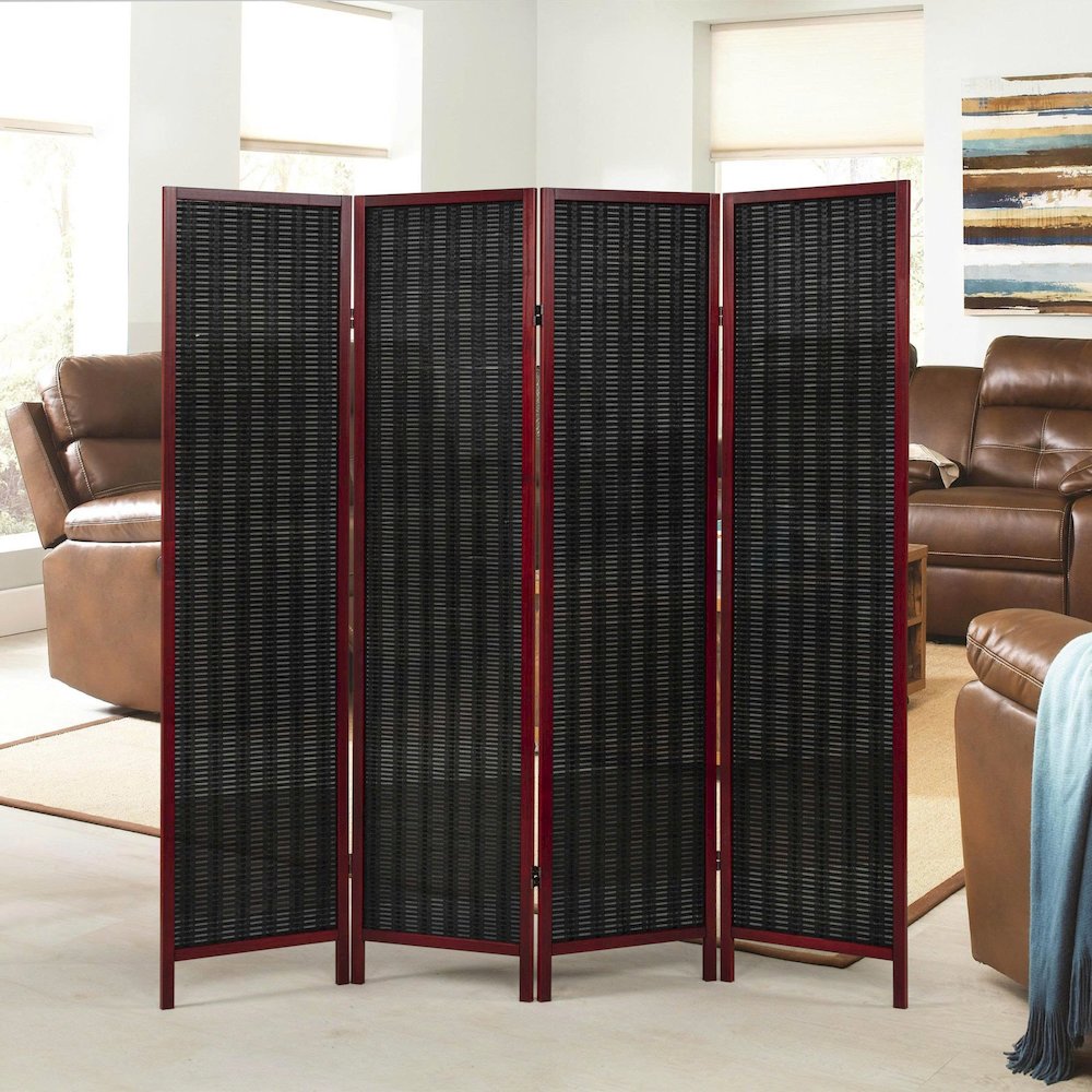 Inkwell 4-Panel Bamboo Room Divider, Folding Screen, Black with Red Frame. Picture 2