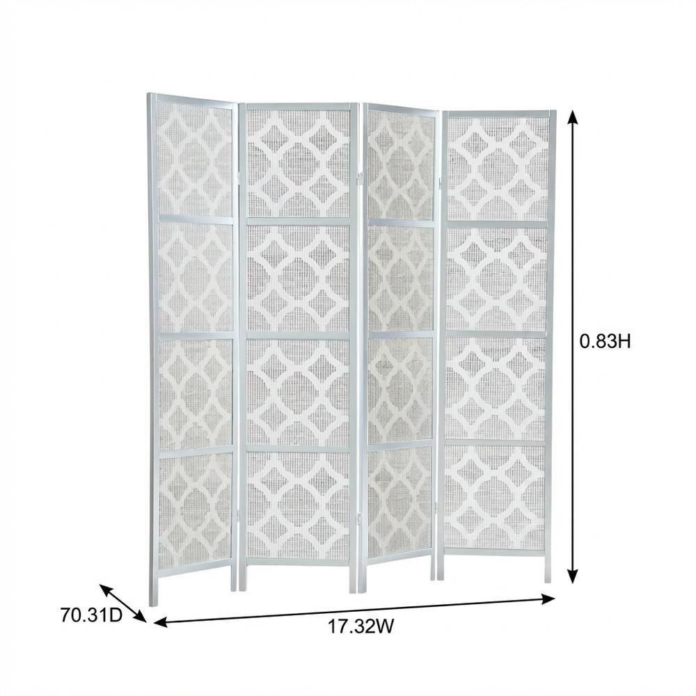 Silver 4-Panel Wood Folding Room Divider, Fabric Diamond Design, 70 Inch. Picture 7