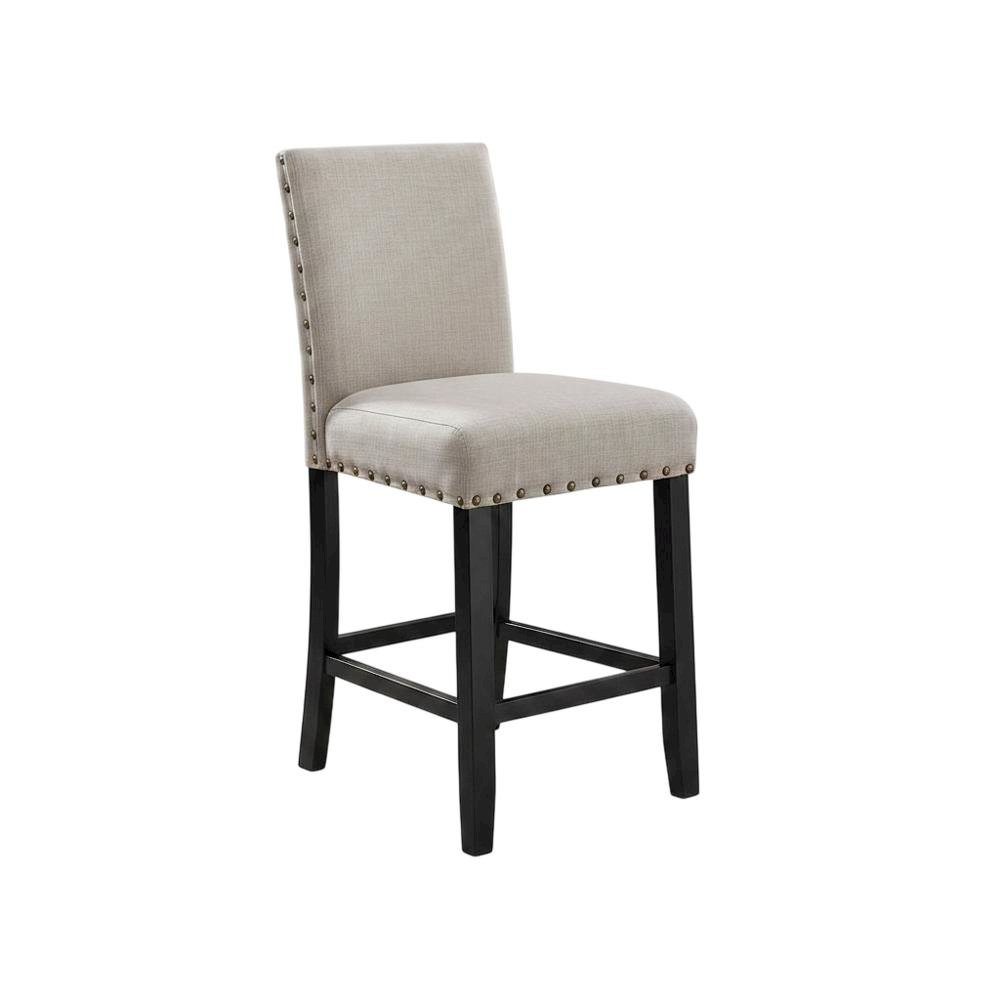 Tan fabric counter height stools with nailhead trim, set of 2. Picture 3