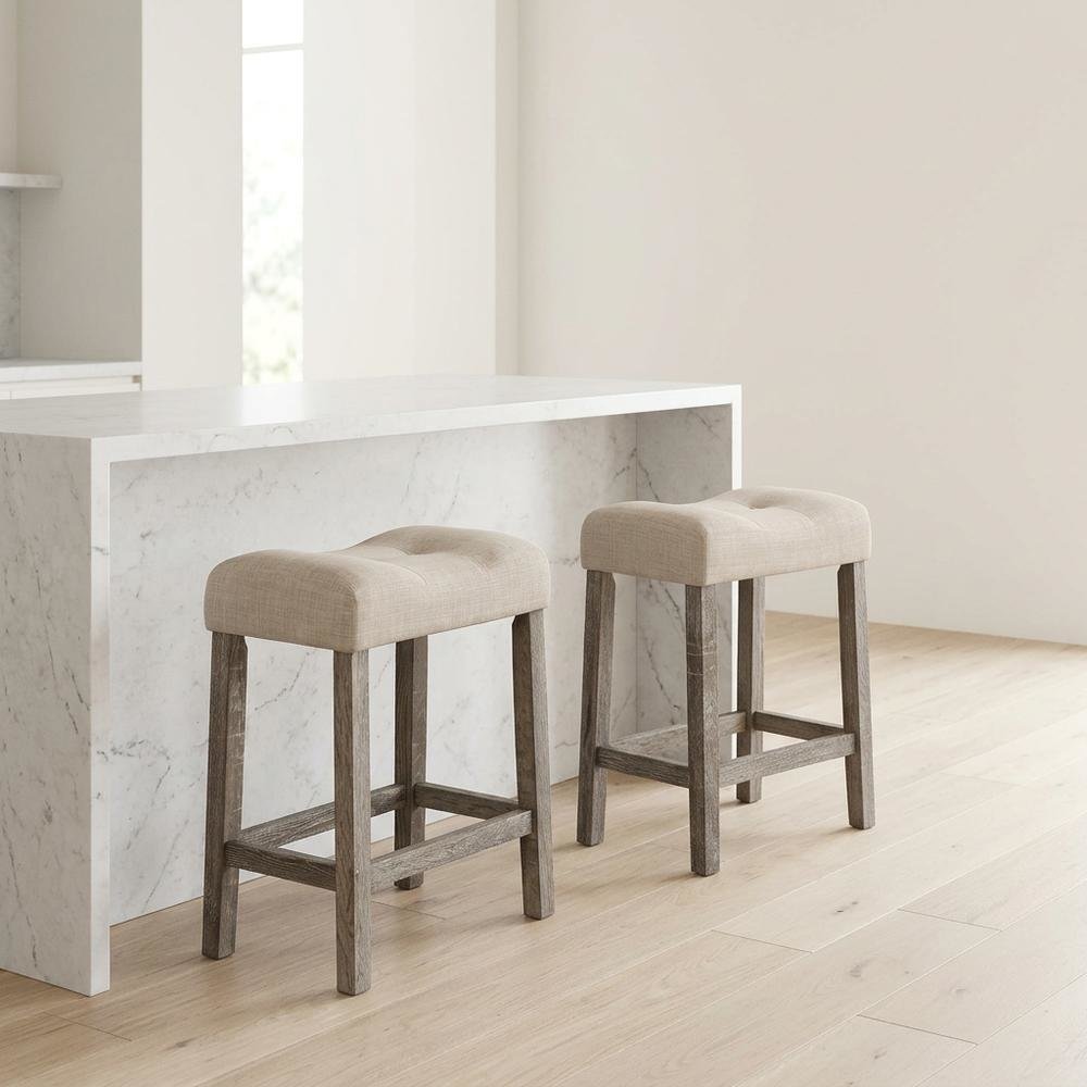 Taupe Button Tufted Counter Height Saddle Stool Set of 2 with Stylish Design. Picture 2