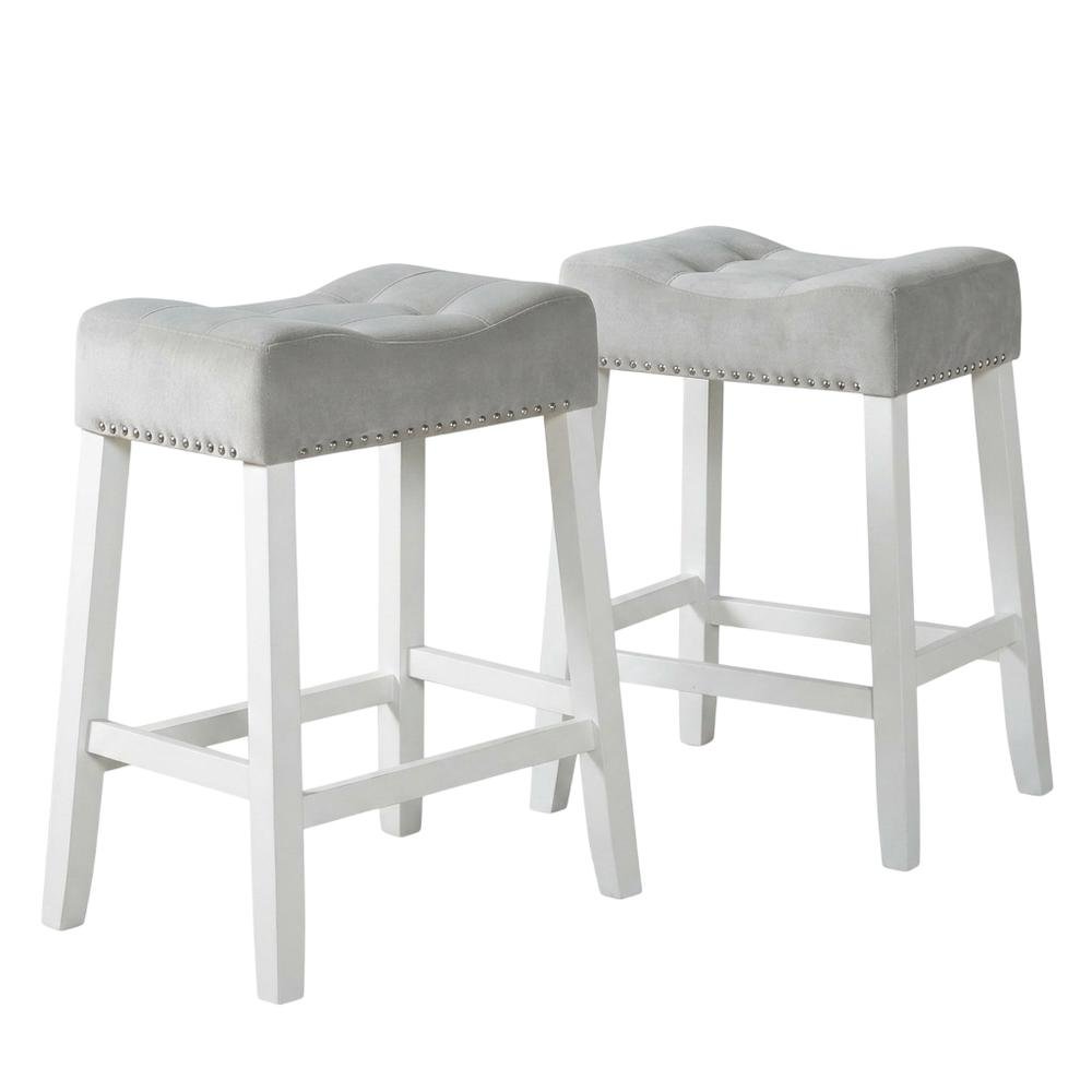 Velvet Counter Height Stools with Saddle Seats, Gray, Set of 2. Picture 1