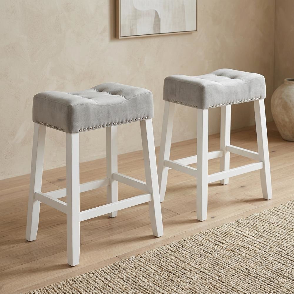 Velvet Counter Height Stools with Saddle Seats, Gray, Set of 2. Picture 2
