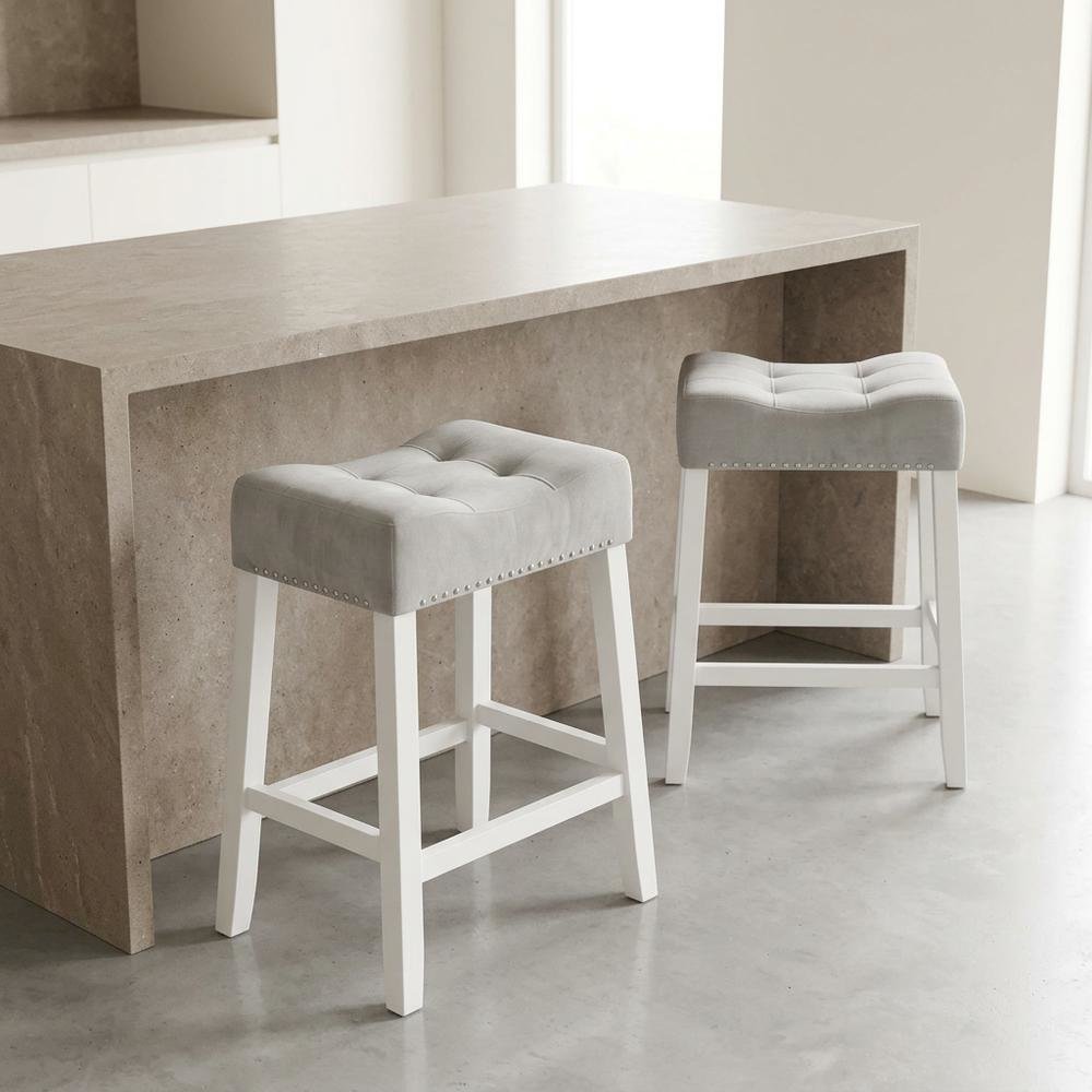 Velvet Counter Height Stools with Saddle Seats, Gray, Set of 2. Picture 5