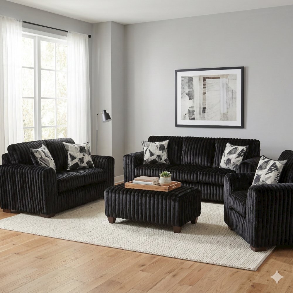 Nolan 4-Piece Living Room Set, Sofa Loveseat Chair and Ottoman, Lush Black. Picture 2