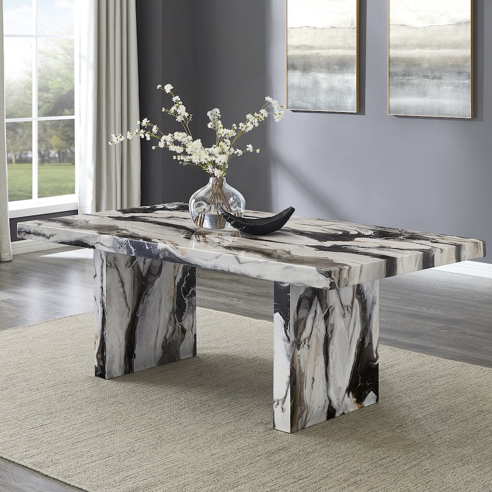 Cavira 7-PC Modern Faux Marble Dining Set, Double Pedestal Table with 6 Chairs. Picture 7
