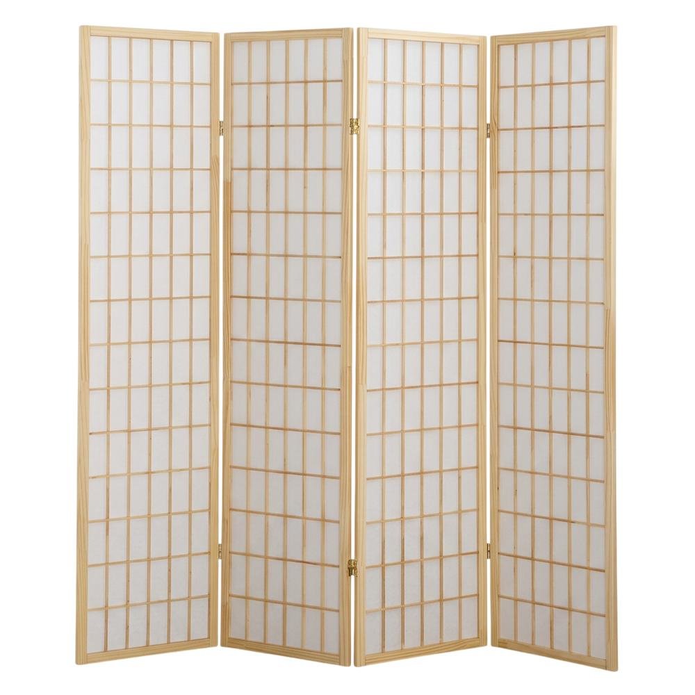 Natural 4-Panel Wood Folding Room Divider, Rice Paper, 71 Inch. Picture 1