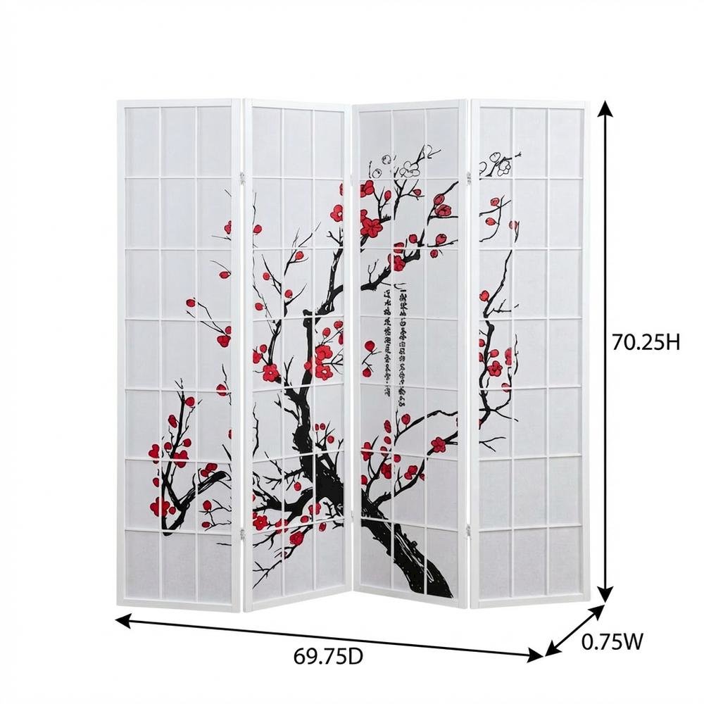 White 4-Panel Wood Folding Room Divider, Floral Print Fabric, 70 Inch. Picture 7
