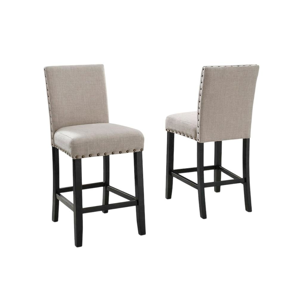 Tan fabric counter height stools with nailhead trim, set of 2. Picture 1