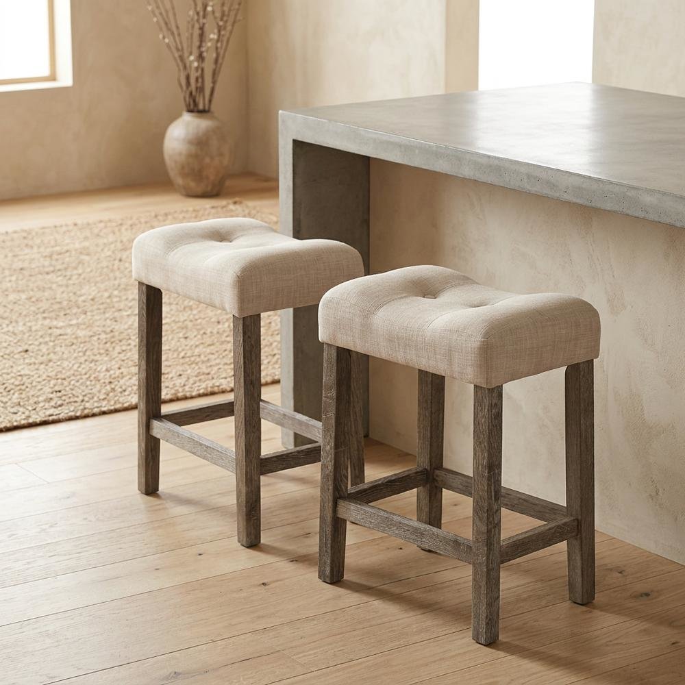 Taupe Button Tufted Counter Height Saddle Stool Set of 2 with Stylish Design. Picture 5
